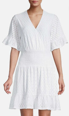 Michael Kors White Eyelet Smocked Dress V-Neck Flutter Sleeve Ruffle Mini Sm 2-6